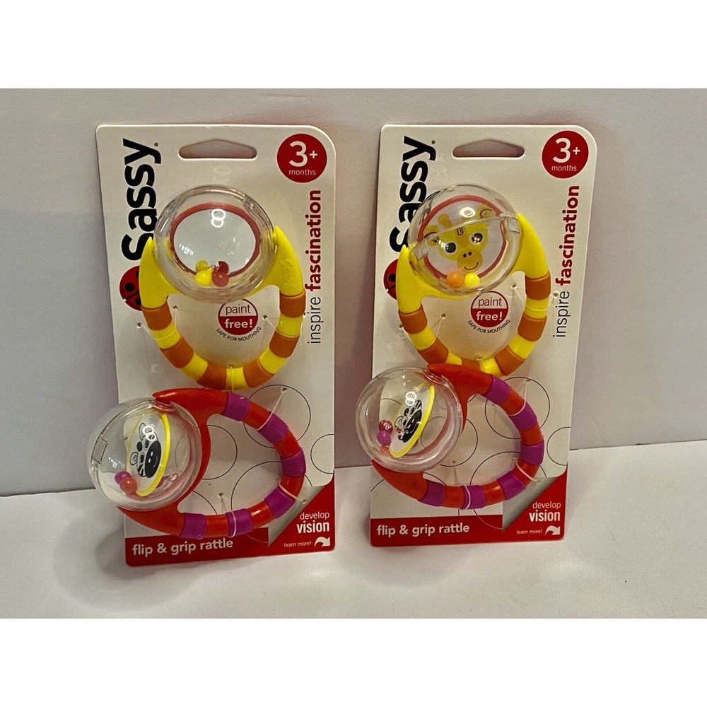 Sassy Flip And Grip Baby Rattle 3+ Months Zebra Giraffe New LOT OF 2